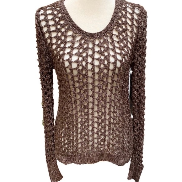 LUCKY Brand Macey Metallic Spiced Nutmeg Fisherman’s Open Weave Sweater Small - Picture 10 of 11